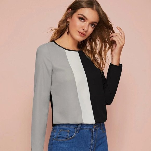 NEW BOUTIQUE WOMENS COLORBLOCK BLOUSE BLACK TOP - Picture 5 of 5
